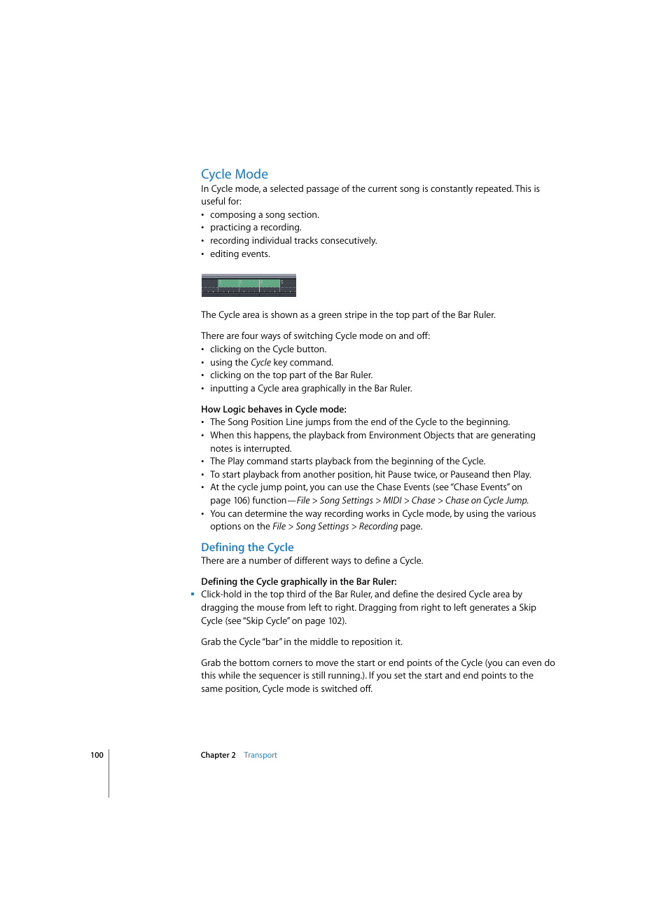 Cycle mode, Defining the cycle | Apple Logic Pro 7 User Manual | Page 100 / 730