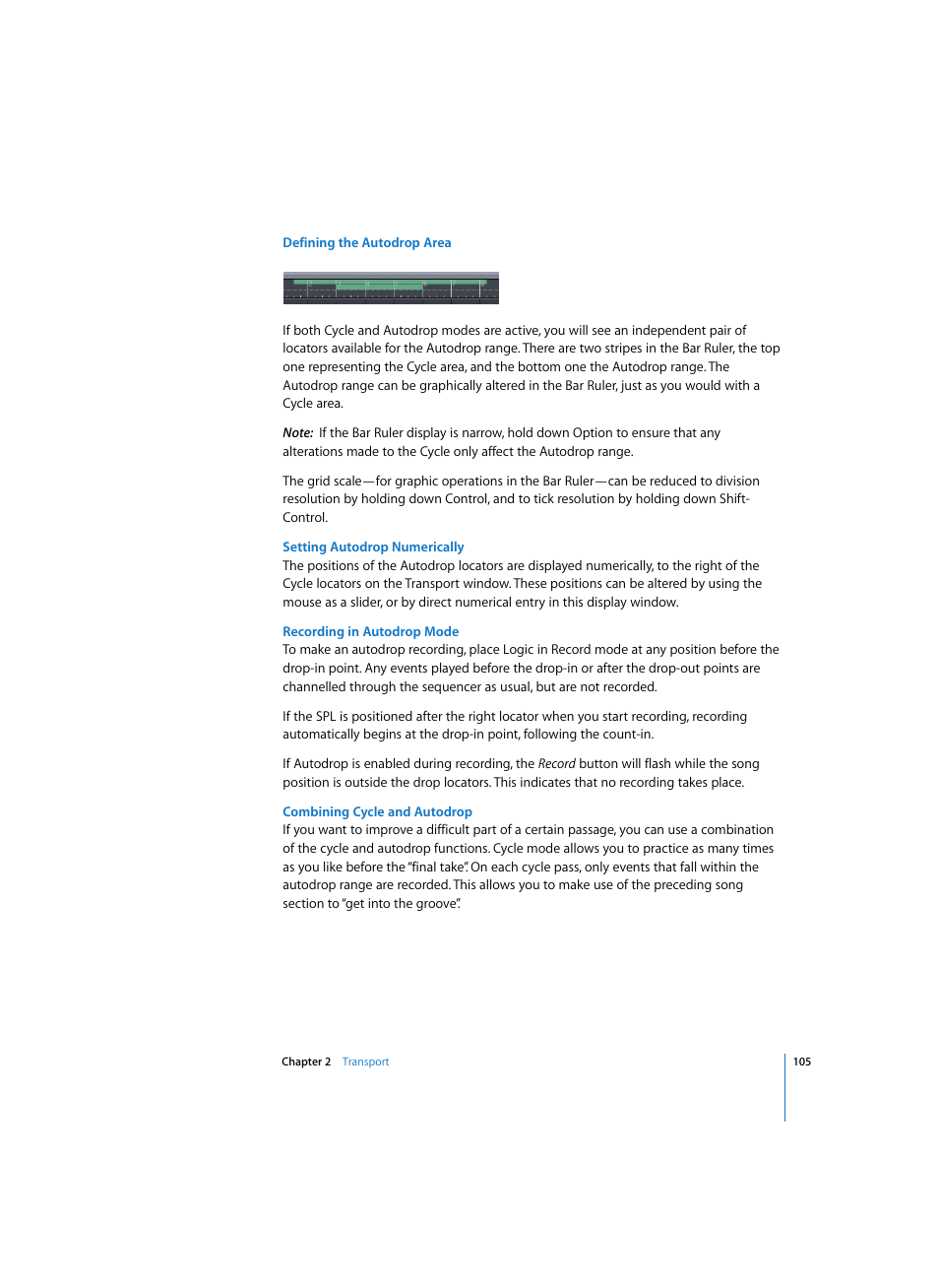 Defining the autodrop area, Setting autodrop numerically, Recording in autodrop mode | Combining cycle and autodrop | Apple Logic Pro 7 User Manual | Page 105 / 730