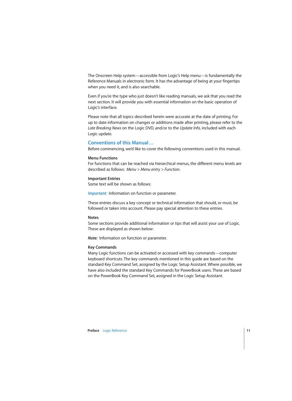 Conventions of this manual | Apple Logic Pro 7 User Manual | Page 11 / 730