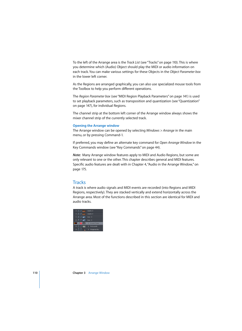 Opening the arrange window, Tracks | Apple Logic Pro 7 User Manual | Page 110 / 730