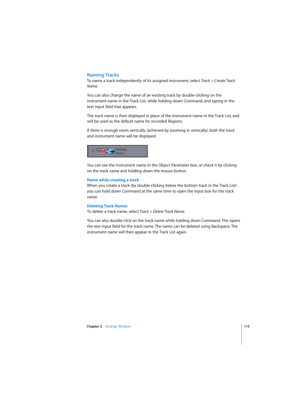 Naming tracks, Name while creating a track, Deleting track names | Apple Logic Pro 7 User Manual | Page 115 / 730