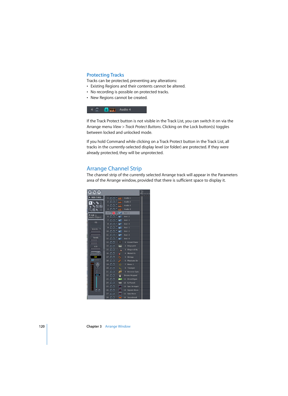 Protecting tracks, Arrange channel strip | Apple Logic Pro 7 User Manual | Page 120 / 730