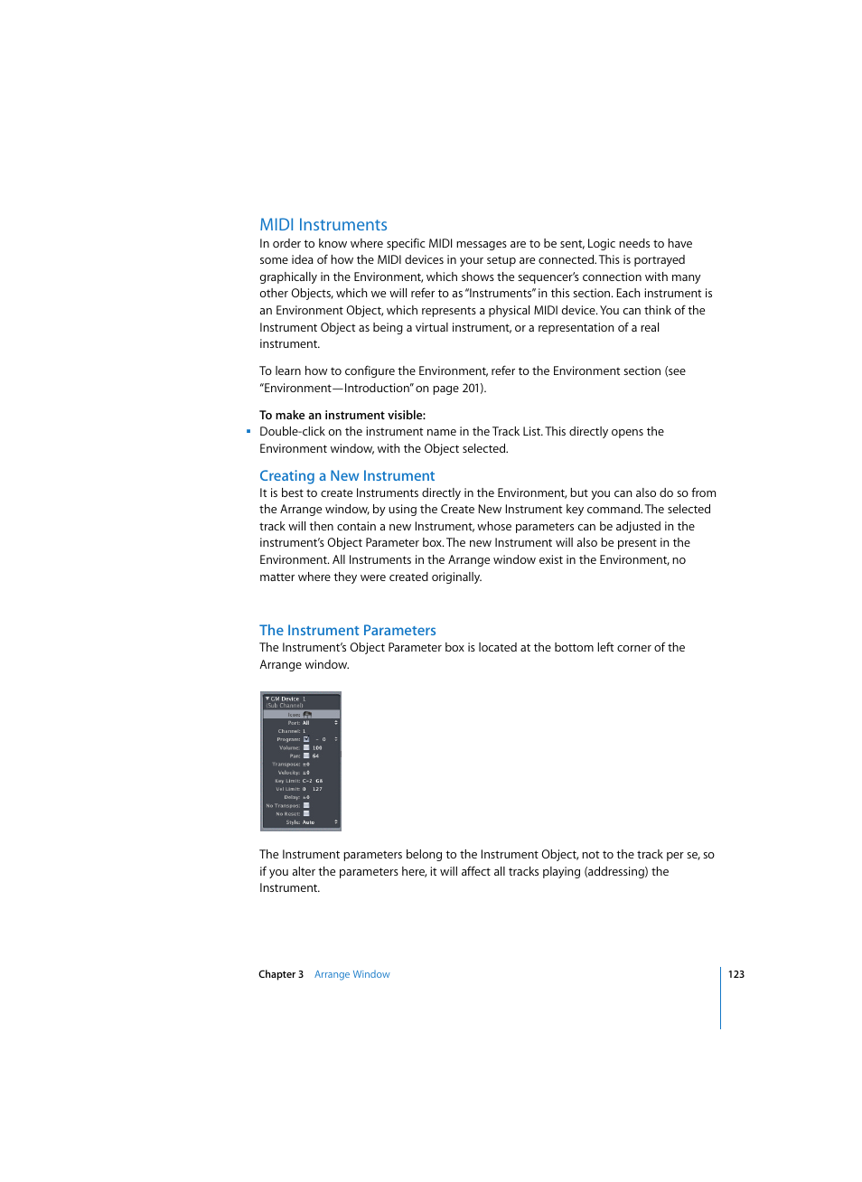 Midi instruments, Creating a new instrument, The instrument parameters | Apple Logic Pro 7 User Manual | Page 123 / 730