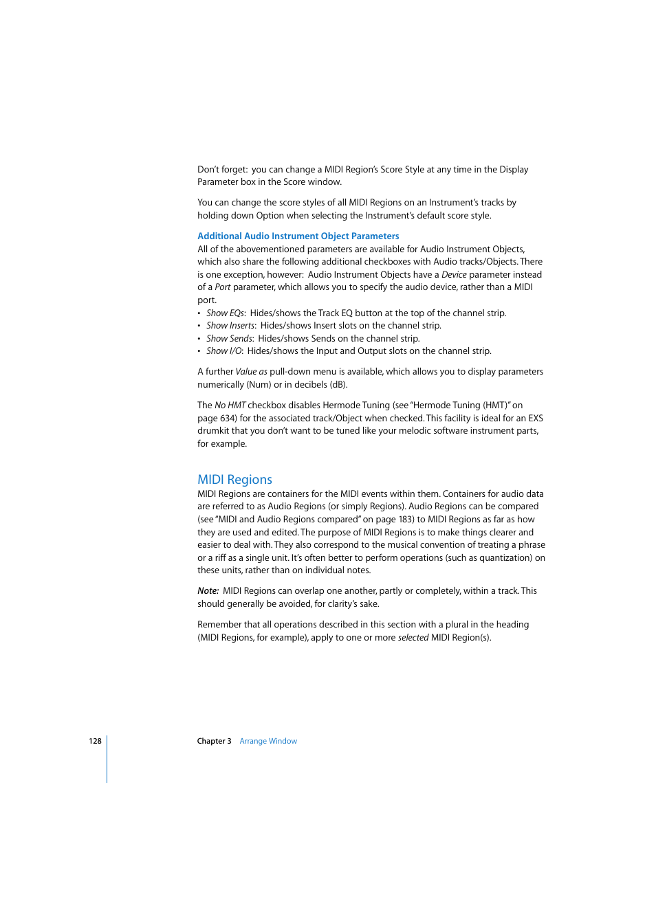 Additional audio instrument object parameters, Midi regions | Apple Logic Pro 7 User Manual | Page 128 / 730