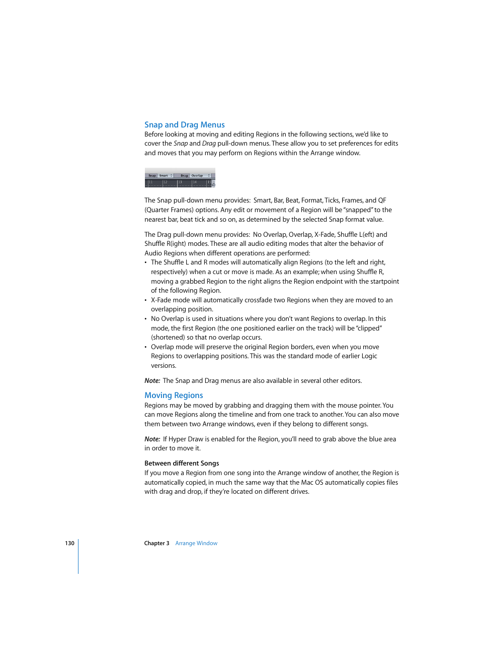 Snap and drag menus, Moving regions | Apple Logic Pro 7 User Manual | Page 130 / 730