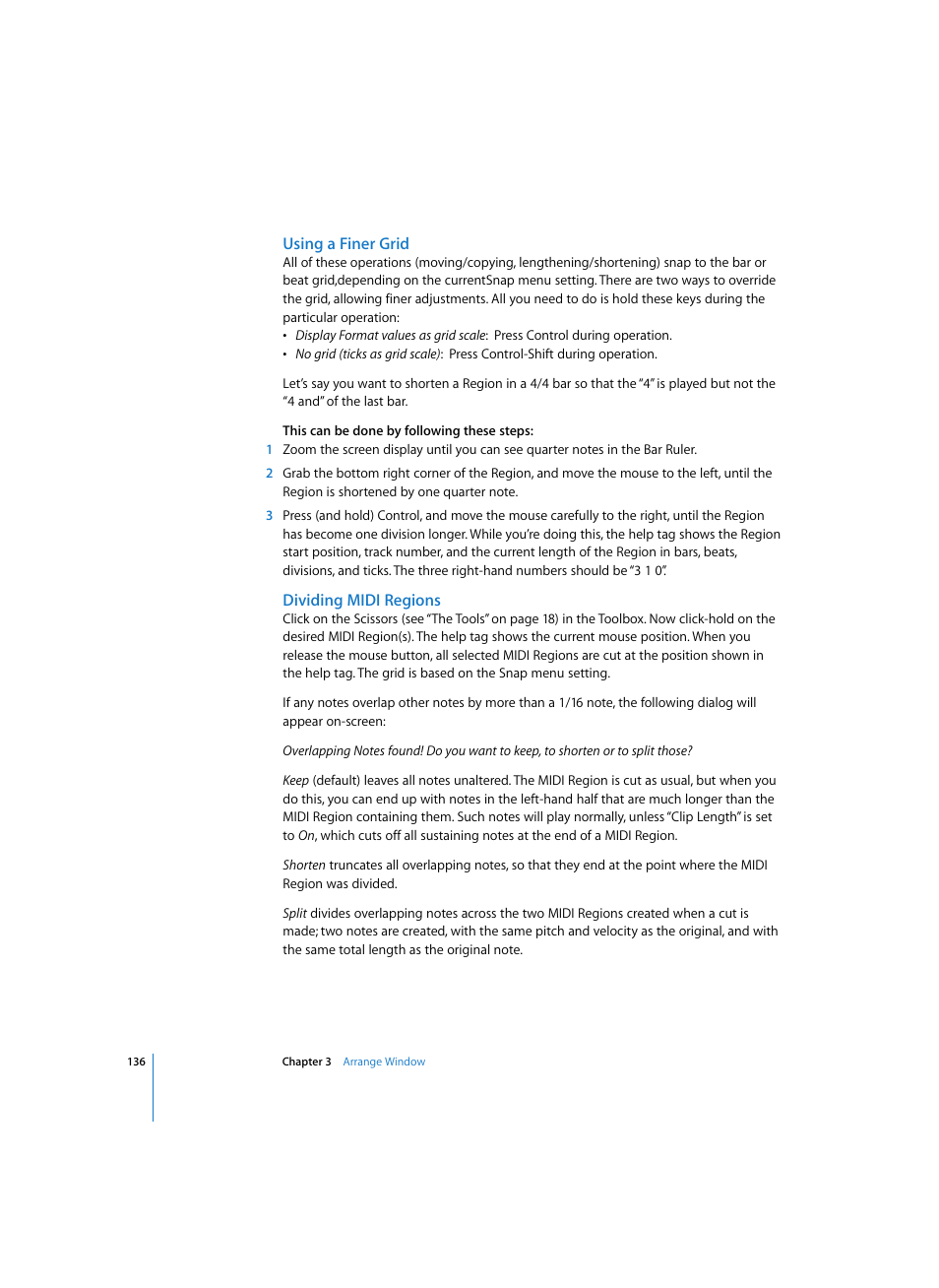 Using a finer grid, Dividing midi regions | Apple Logic Pro 7 User Manual | Page 136 / 730