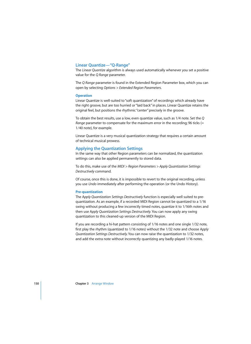 Linear quantize—“q-range, Operation, Applying the quantization settings | Pre-quantization | Apple Logic Pro 7 User Manual | Page 150 / 730