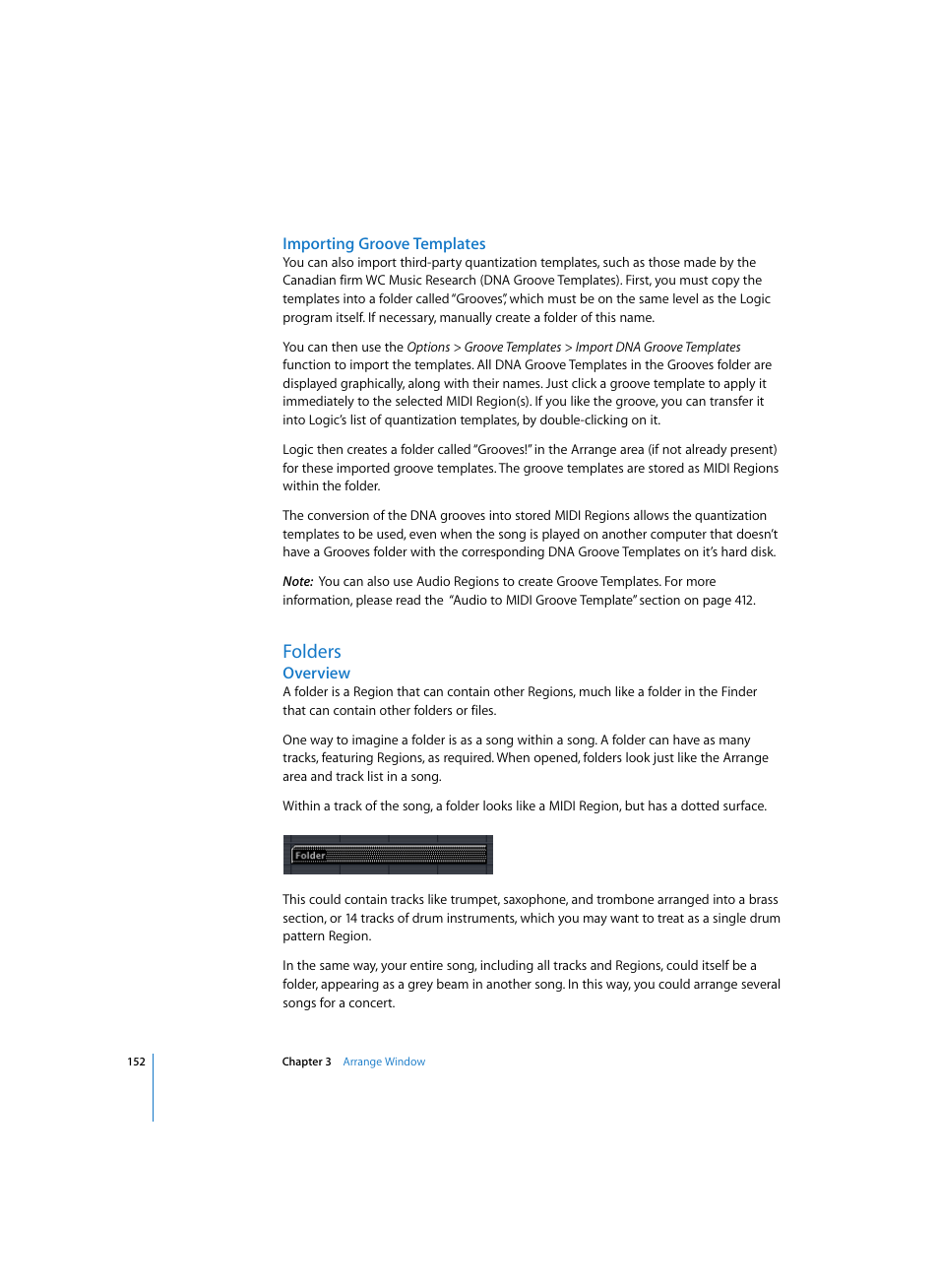 Importing groove templates, Folders, Overview | Apple Logic Pro 7 User Manual | Page 152 / 730