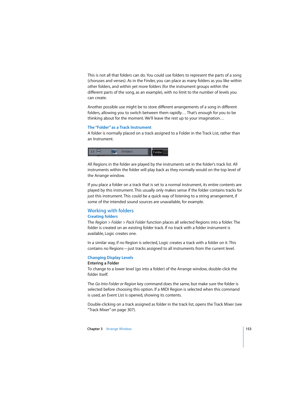 The “folder” as a track instrument, Working with folders, Creating folders | Changing display levels | Apple Logic Pro 7 User Manual | Page 153 / 730