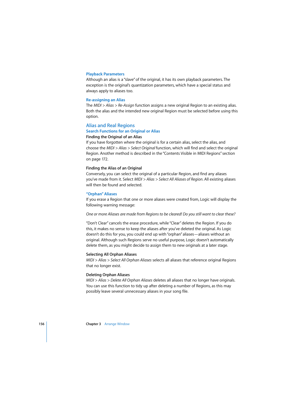 Playback parameters, Re-assigning an alias, Alias and real regions | Search functions for an original or alias, Orphan” aliases | Apple Logic Pro 7 User Manual | Page 156 / 730