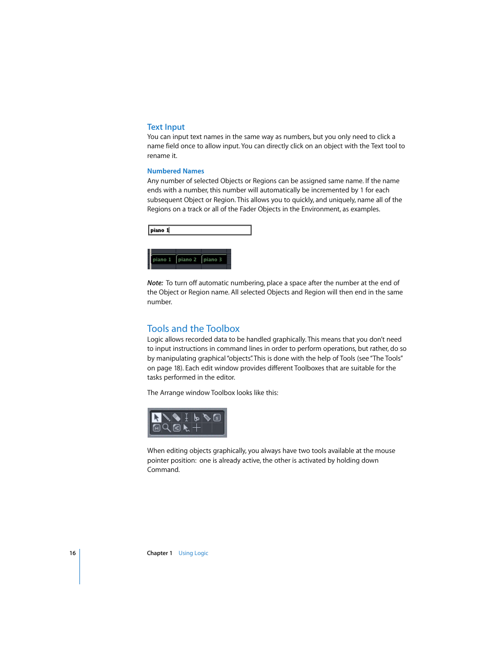 Text input, Numbered names, Tools and the toolbox | Apple Logic Pro 7 User Manual | Page 16 / 730
