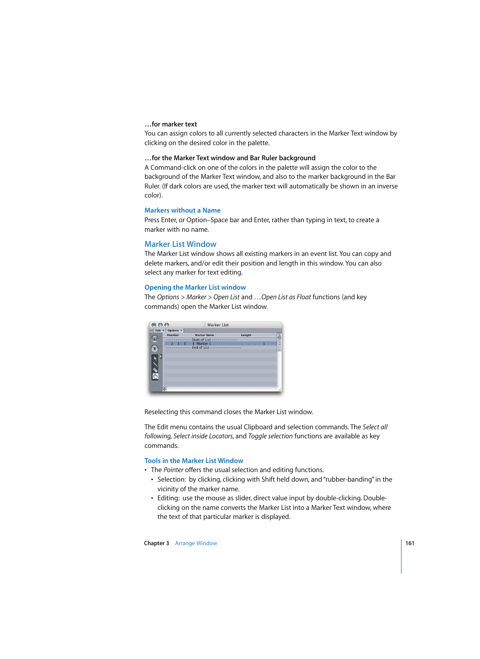 Markers without a name, Marker list window, Opening the marker list window | Tools in the marker list window | Apple Logic Pro 7 User Manual | Page 161 / 730