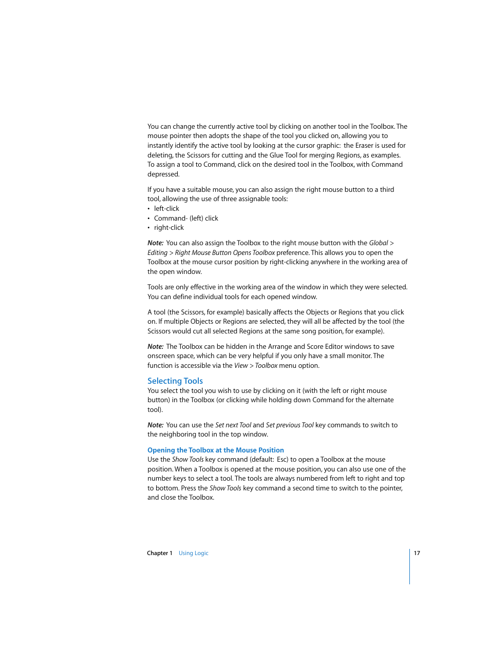 Selecting tools, Opening the toolbox at the mouse position | Apple Logic Pro 7 User Manual | Page 17 / 730