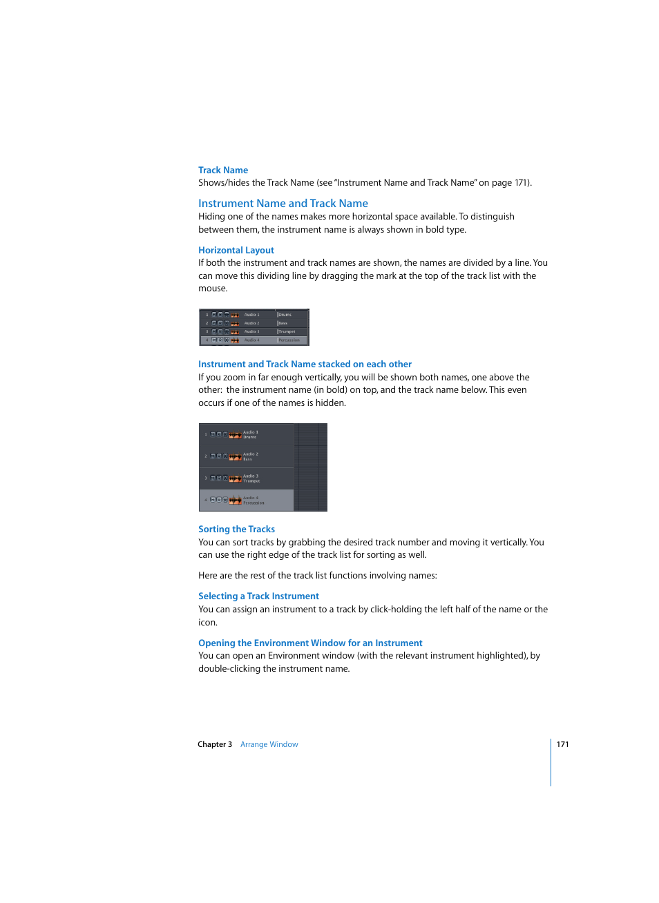 Track name, Instrument name and track name, Horizontal layout | Instrument and track name stacked on each other, Sorting the tracks, Selecting a track instrument, Opening the environment window for an instrument | Apple Logic Pro 7 User Manual | Page 171 / 730