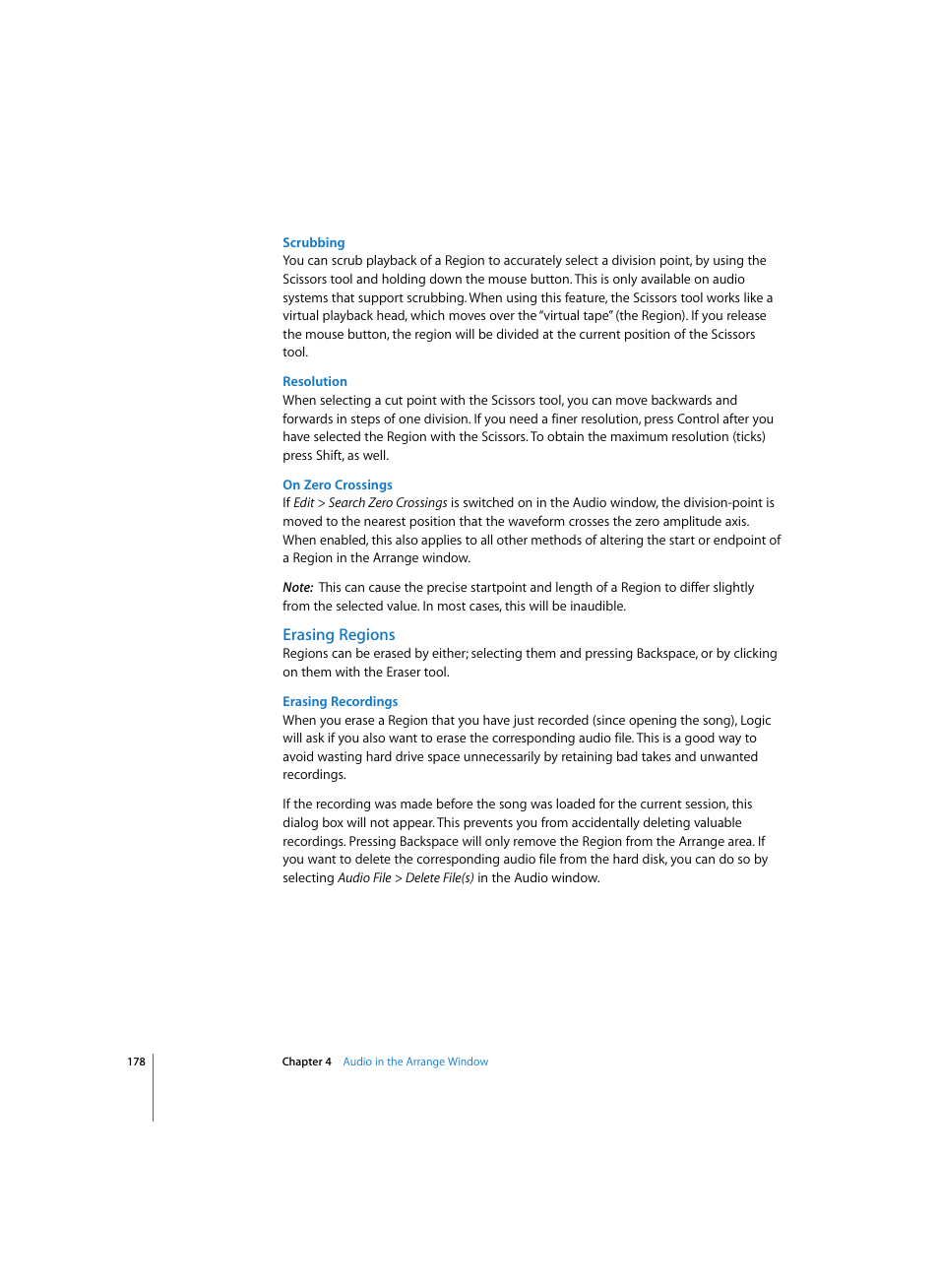 Scrubbing, Resolution, On zero crossings | Erasing regions, Erasing recordings | Apple Logic Pro 7 User Manual | Page 178 / 730