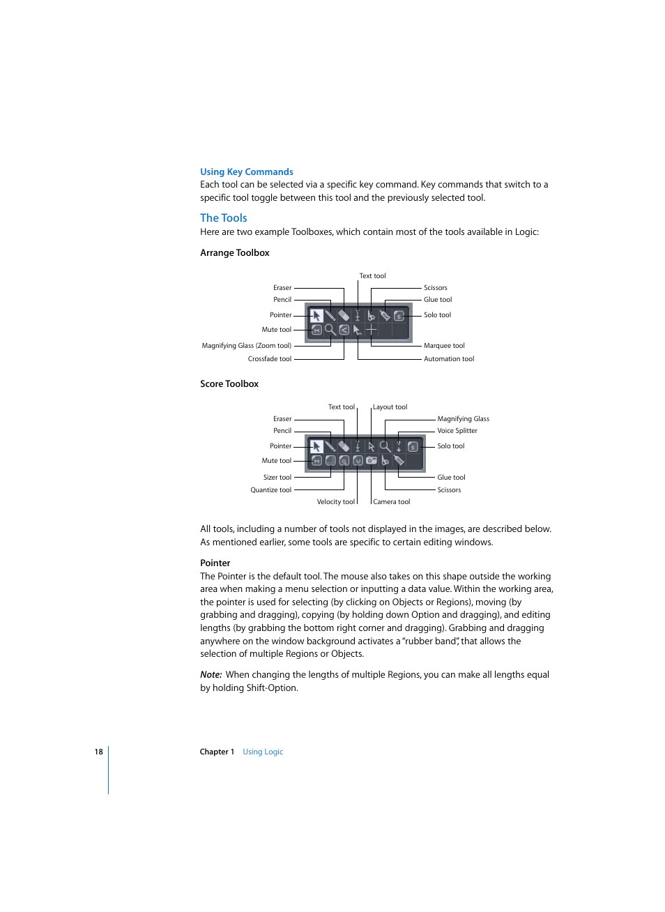 Using key commands, The tools | Apple Logic Pro 7 User Manual | Page 18 / 730