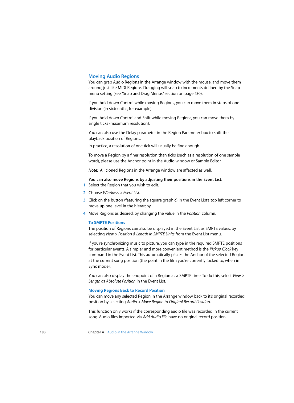 Moving audio regions, To smpte positions, Moving regions back to record position | Apple Logic Pro 7 User Manual | Page 180 / 730