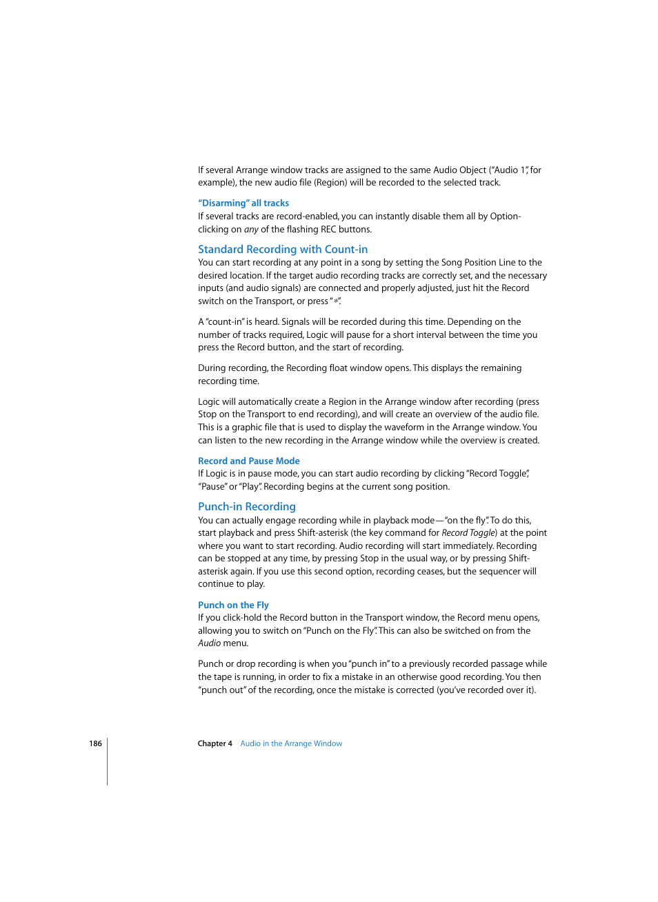 Disarming” all tracks, Standard recording with count-in, Record and pause mode | Punch-in recording, Punch on the fly | Apple Logic Pro 7 User Manual | Page 186 / 730