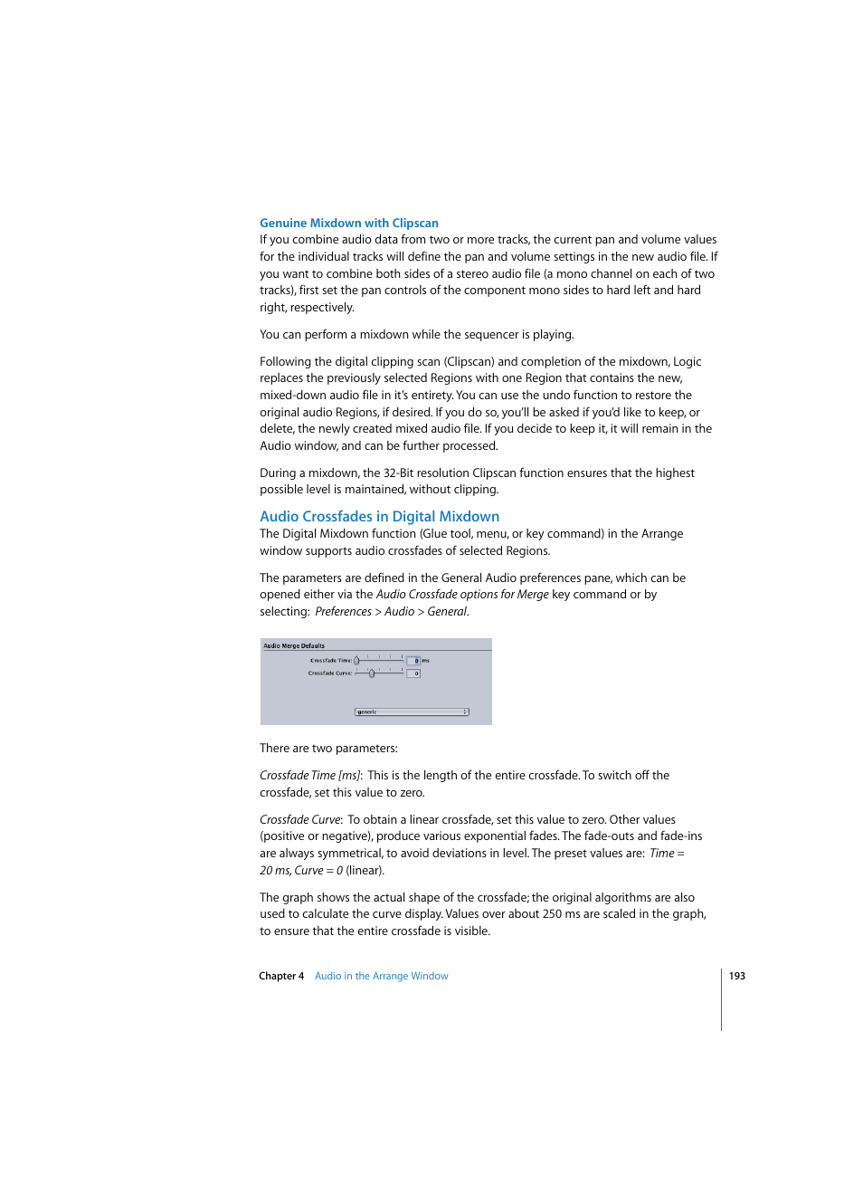Genuine mixdown with clipscan, Audio crossfades in digital mixdown | Apple Logic Pro 7 User Manual | Page 193 / 730