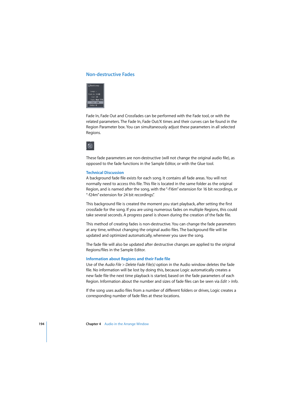 Non-destructive fades, Technical discussion, Information about regions and their fade file | Apple Logic Pro 7 User Manual | Page 194 / 730
