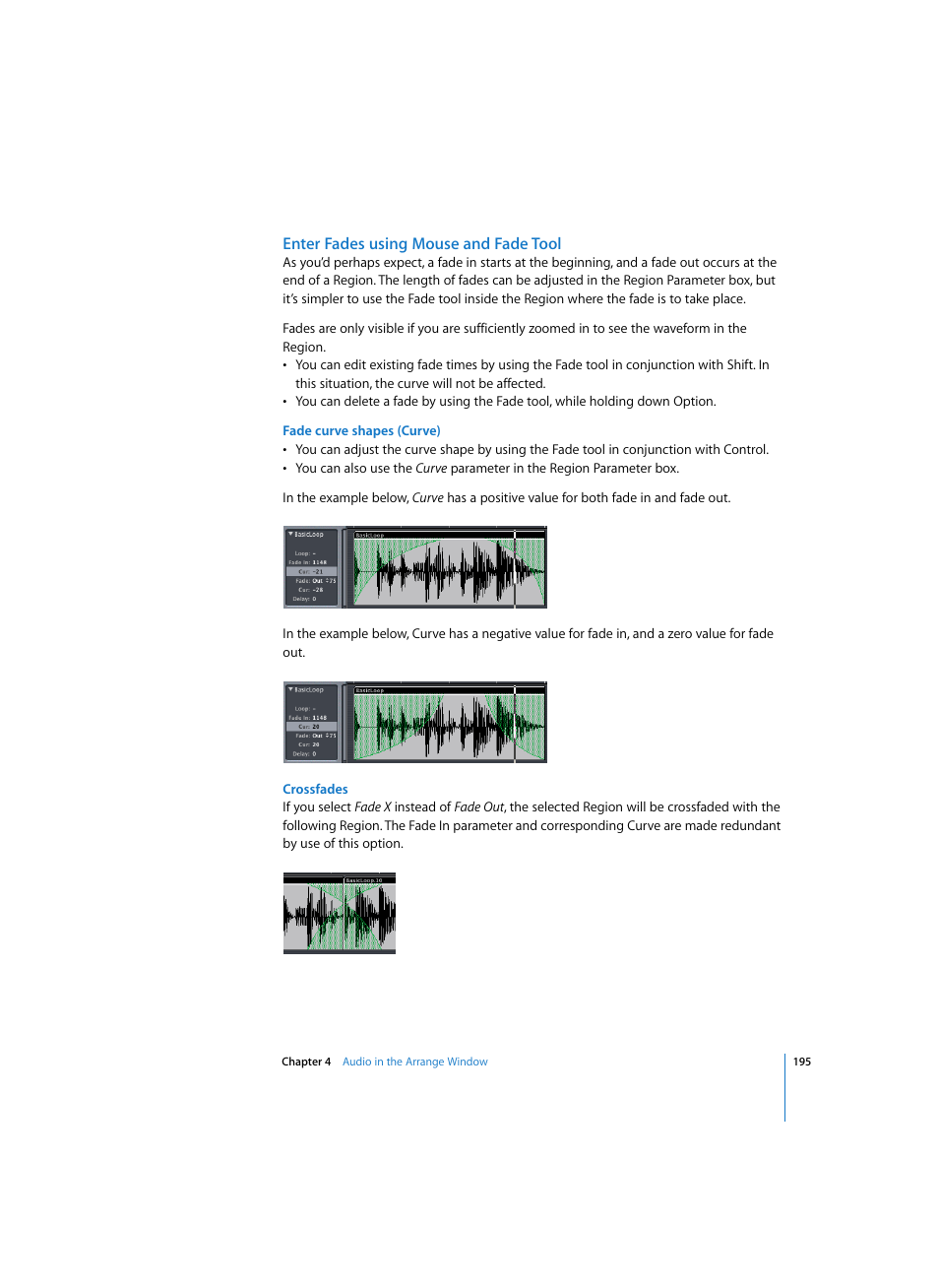 Enter fades using mouse and fade tool, Fade curve shapes (curve), Crossfades | Apple Logic Pro 7 User Manual | Page 195 / 730