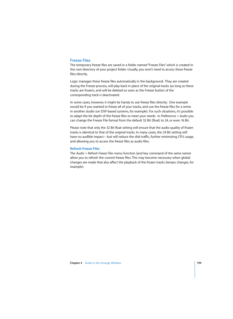Freeze files, Refresh freeze files | Apple Logic Pro 7 User Manual | Page 199 / 730