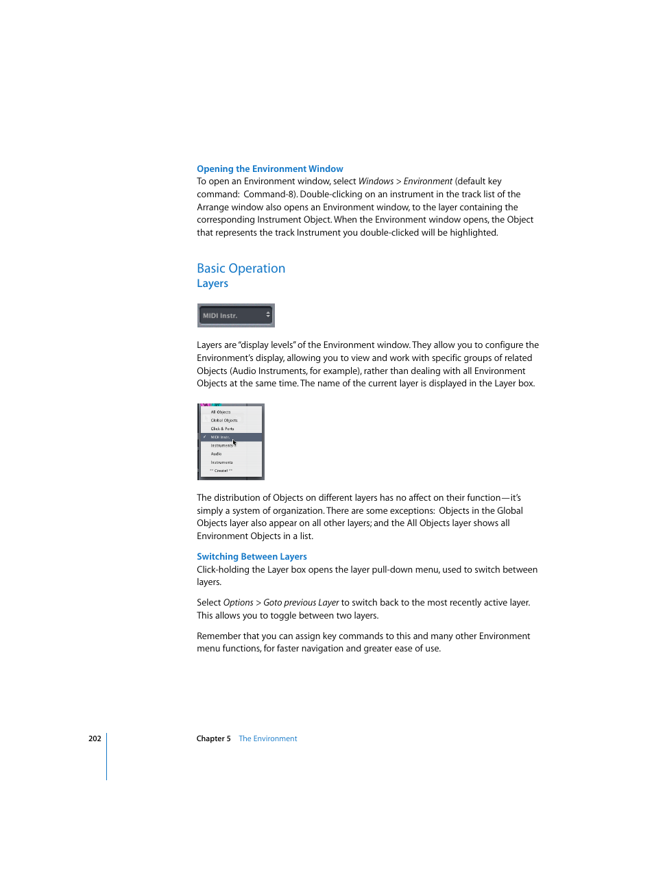 Opening the environment window, Basic operation, Layers | Switching between layers | Apple Logic Pro 7 User Manual | Page 202 / 730