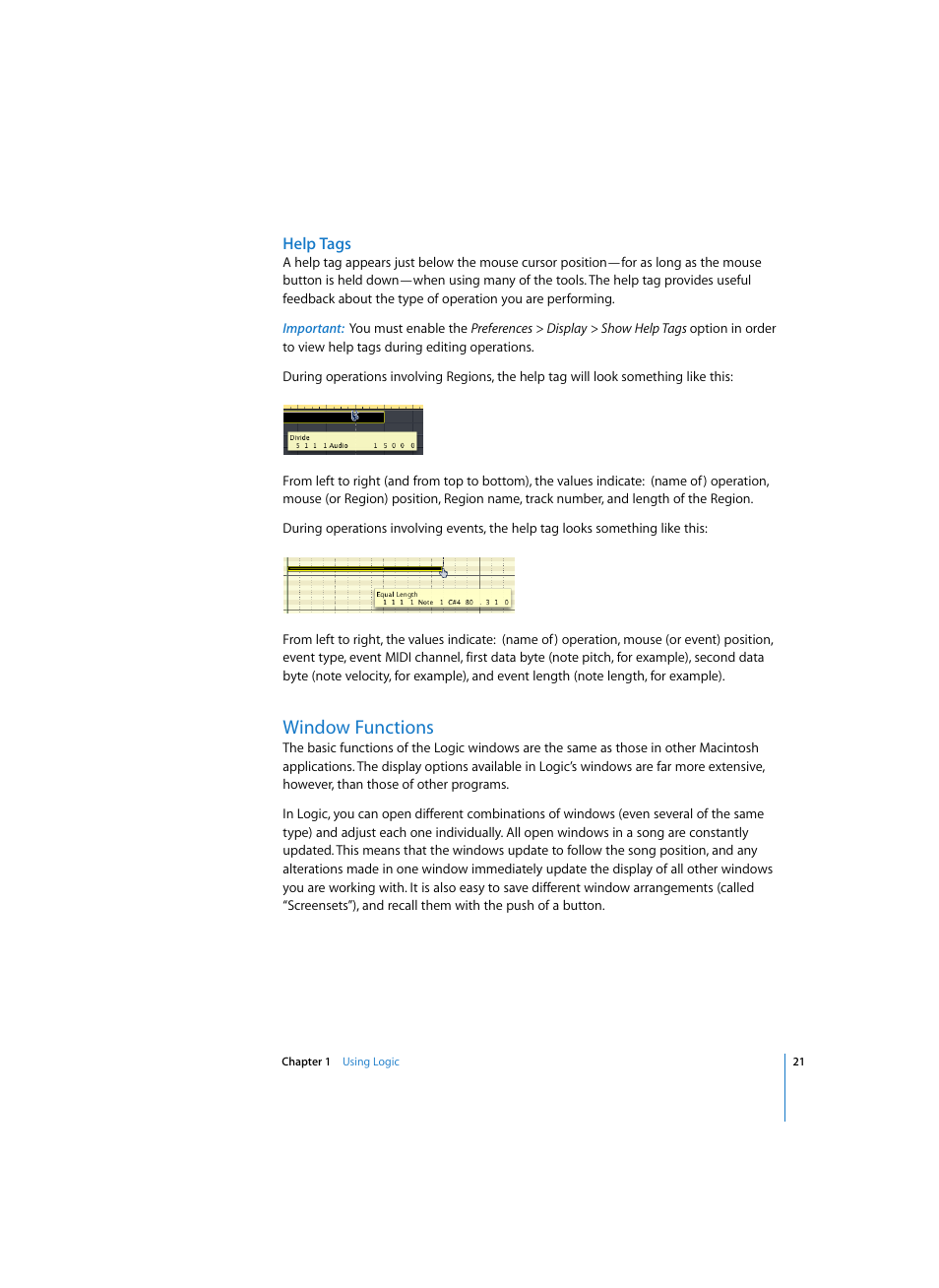 Help tags, Window functions | Apple Logic Pro 7 User Manual | Page 21 / 730