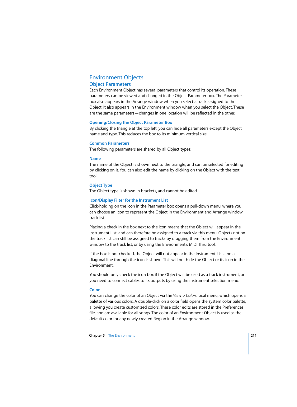 Environment objects, Object parameters, Opening/closing the object parameter box | Common parameters, Name, Object type, Icon/display filter for the instrument list, Color | Apple Logic Pro 7 User Manual | Page 211 / 730
