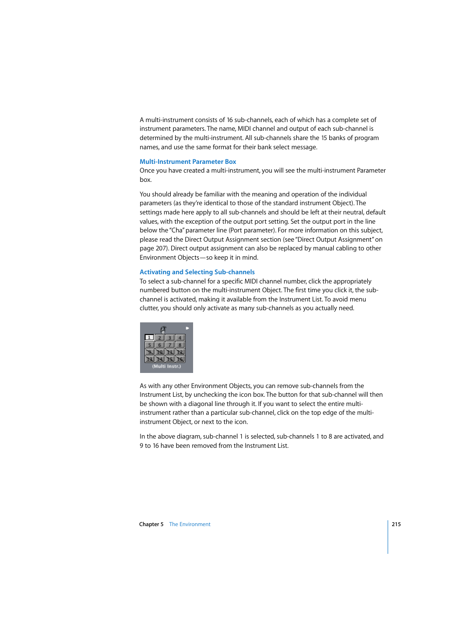 Multi-instrument parameter box, Activating and selecting sub-channels | Apple Logic Pro 7 User Manual | Page 215 / 730