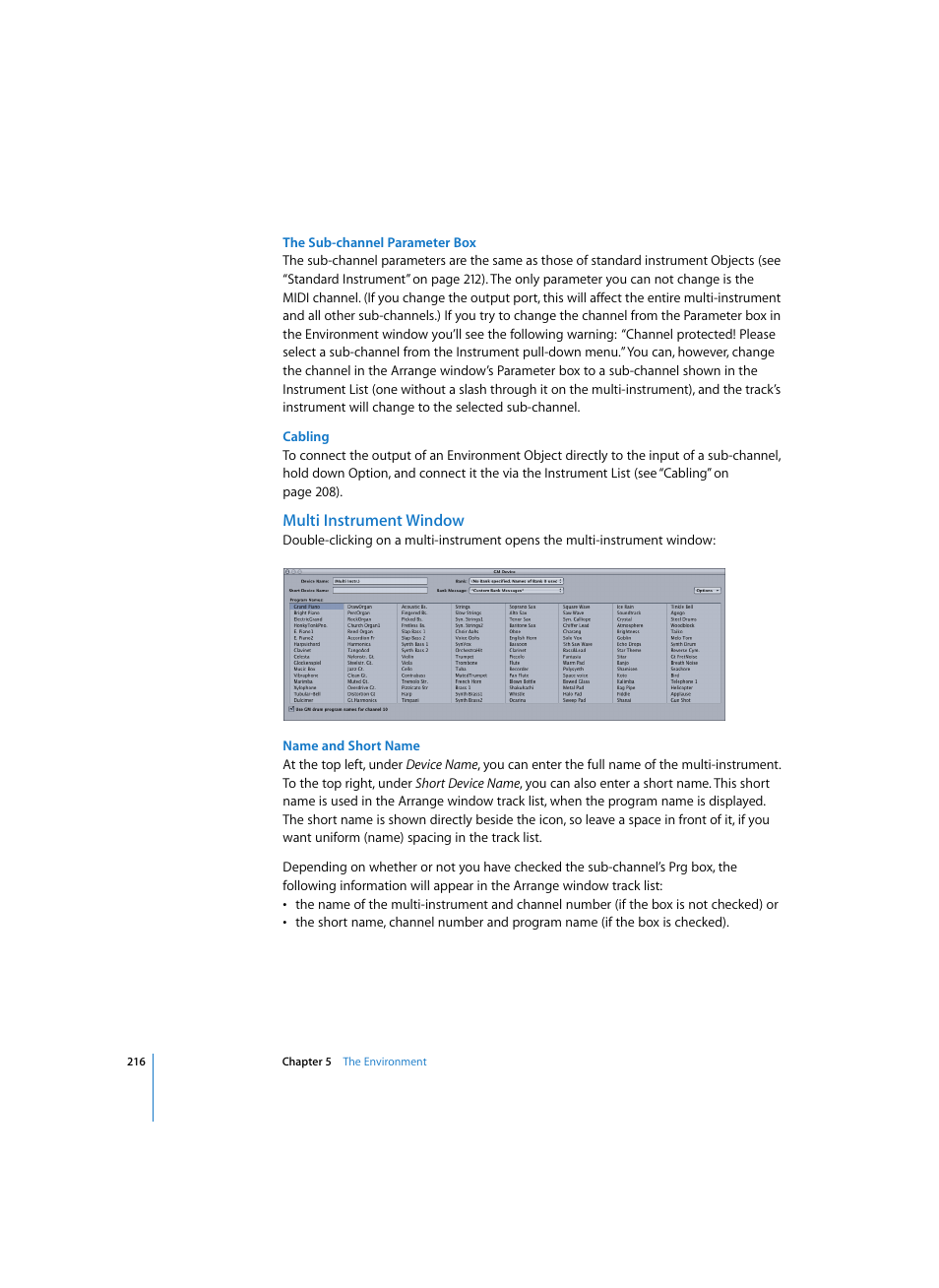 The sub-channel parameter box, Cabling, Multi instrument window | Name and short name | Apple Logic Pro 7 User Manual | Page 216 / 730