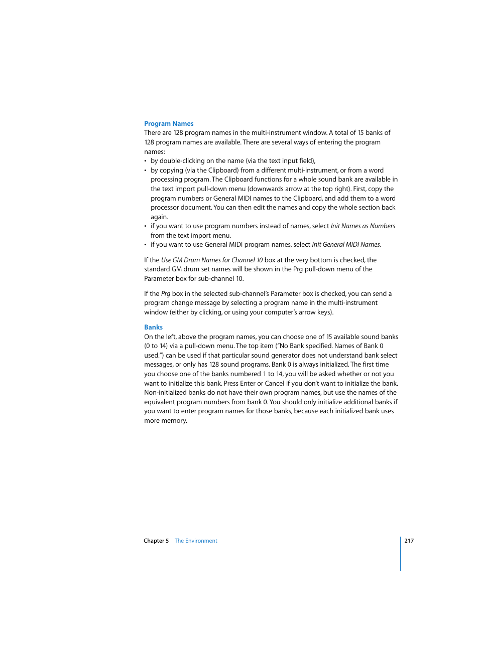 Program names, Banks | Apple Logic Pro 7 User Manual | Page 217 / 730
