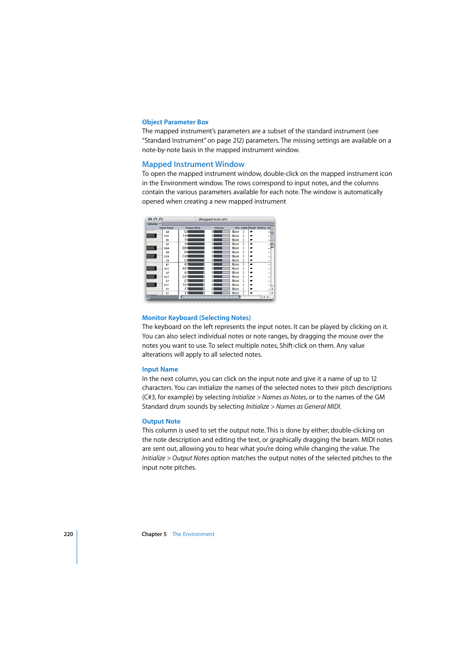 Object parameter box, Mapped instrument window, Monitor keyboard (selecting notes) | Input name, Output note | Apple Logic Pro 7 User Manual | Page 220 / 730