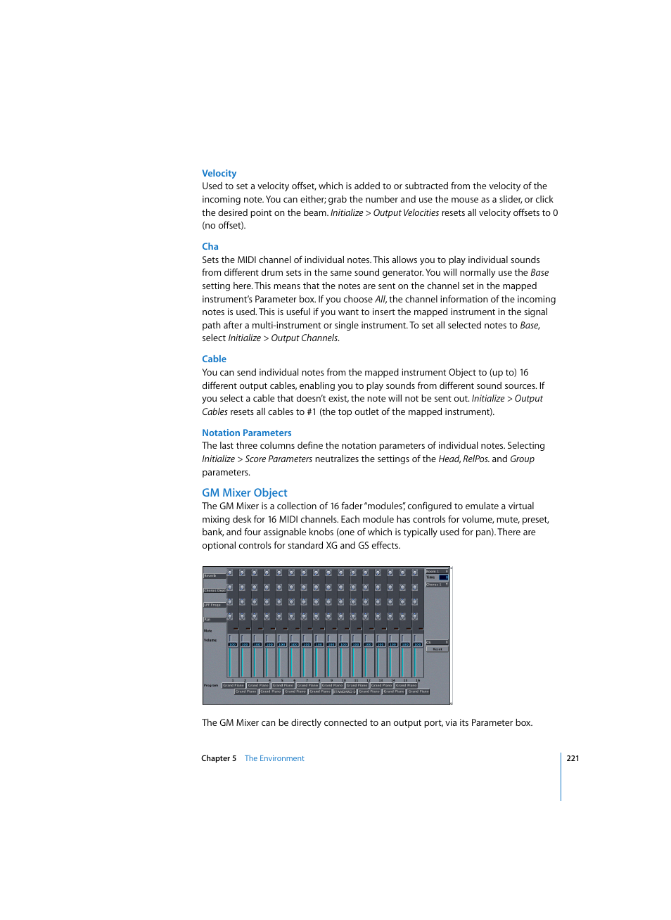 Velocity, Cable, Notation parameters | Gm mixer object | Apple Logic Pro 7 User Manual | Page 221 / 730