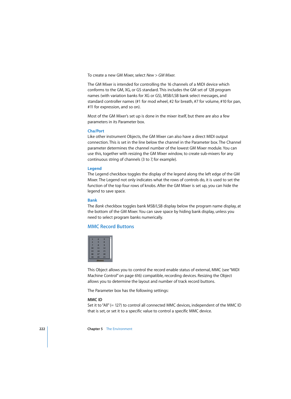 Cha/port, Legend, Bank | Mmc record buttons | Apple Logic Pro 7 User Manual | Page 222 / 730