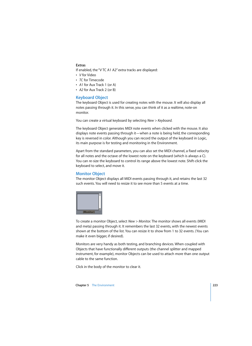 Keyboard object, Monitor object | Apple Logic Pro 7 User Manual | Page 223 / 730