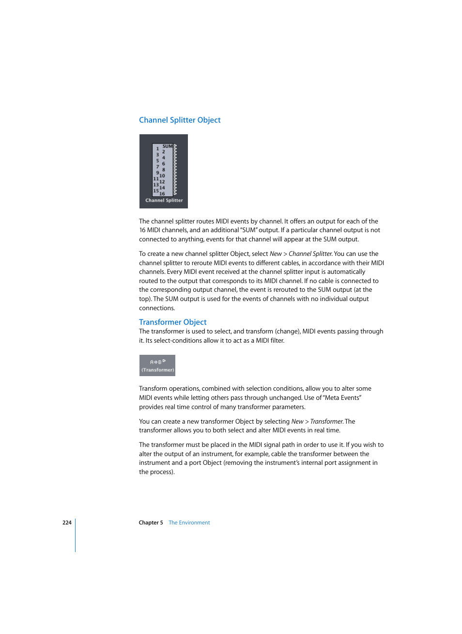 Channel splitter object, Transformer object | Apple Logic Pro 7 User Manual | Page 224 / 730