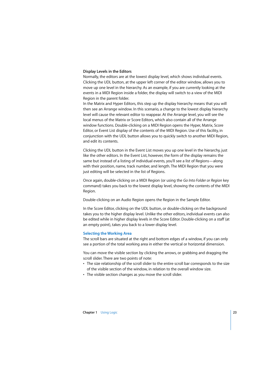 Selecting the working area | Apple Logic Pro 7 User Manual | Page 23 / 730