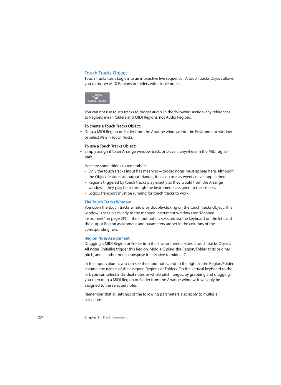 Touch tracks object, The touch tracks window, Region note assignment | Apple Logic Pro 7 User Manual | Page 234 / 730