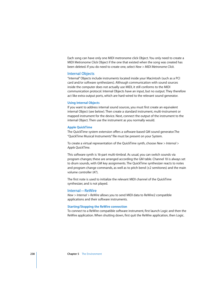 Internal objects, Using internal objects, Apple quicktime | Internal—rewire, Starting/stopping the rewire connection | Apple Logic Pro 7 User Manual | Page 238 / 730