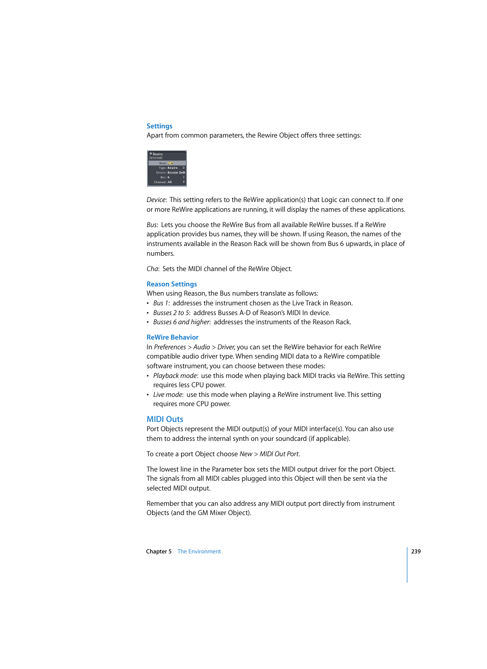 Settings, Reason settings, Rewire behavior | Midi outs | Apple Logic Pro 7 User Manual | Page 239 / 730