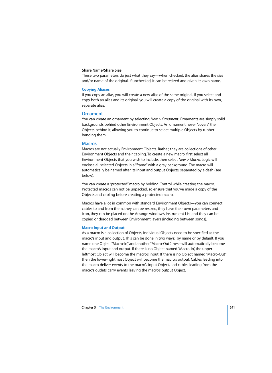 Copying aliases, Ornament, Macros | Macro input and output | Apple Logic Pro 7 User Manual | Page 241 / 730