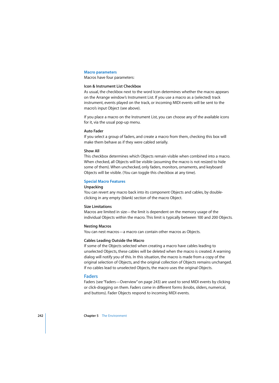 Macro parameters, Special macro features, Faders | Apple Logic Pro 7 User Manual | Page 242 / 730