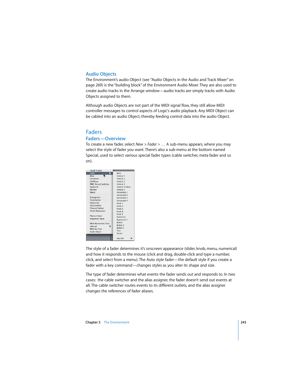 Audio objects, Faders, Faders—overview | Apple Logic Pro 7 User Manual | Page 243 / 730