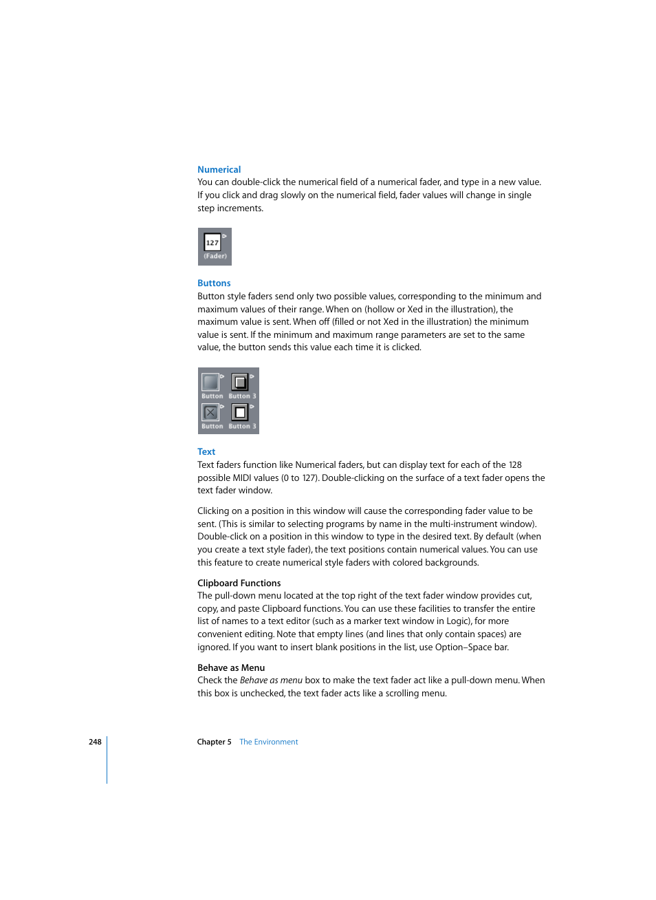 Numerical, Buttons, Text | Apple Logic Pro 7 User Manual | Page 248 / 730