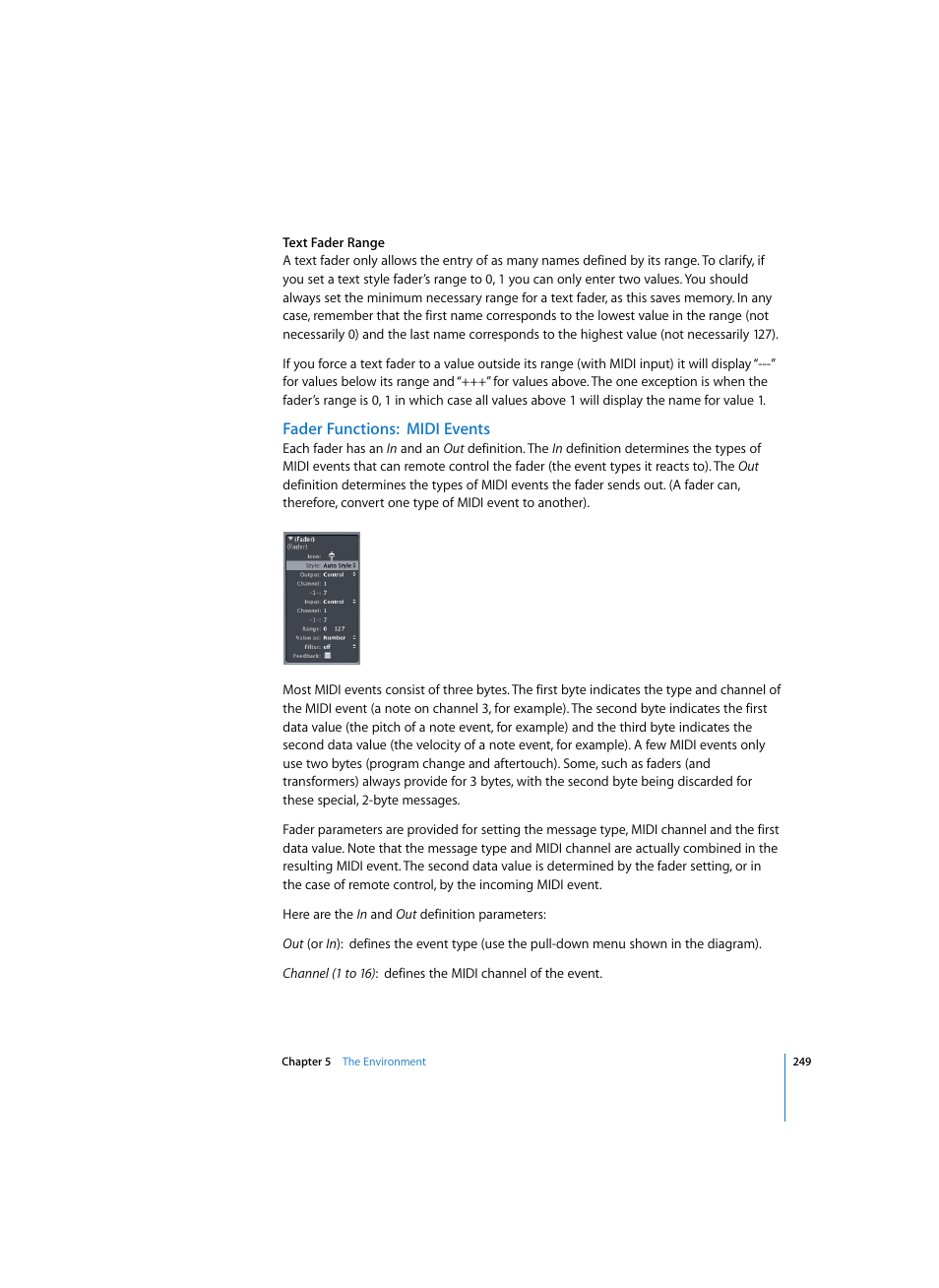 Fader functions:midi events | Apple Logic Pro 7 User Manual | Page 249 / 730