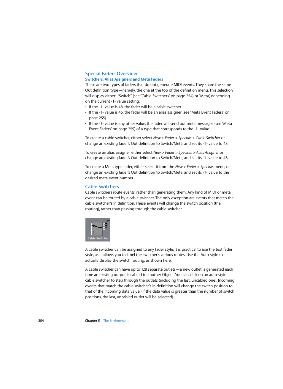 Special faders overview, Switchers, alias assigners and meta faders, Cable switchers | Apple Logic Pro 7 User Manual | Page 254 / 730