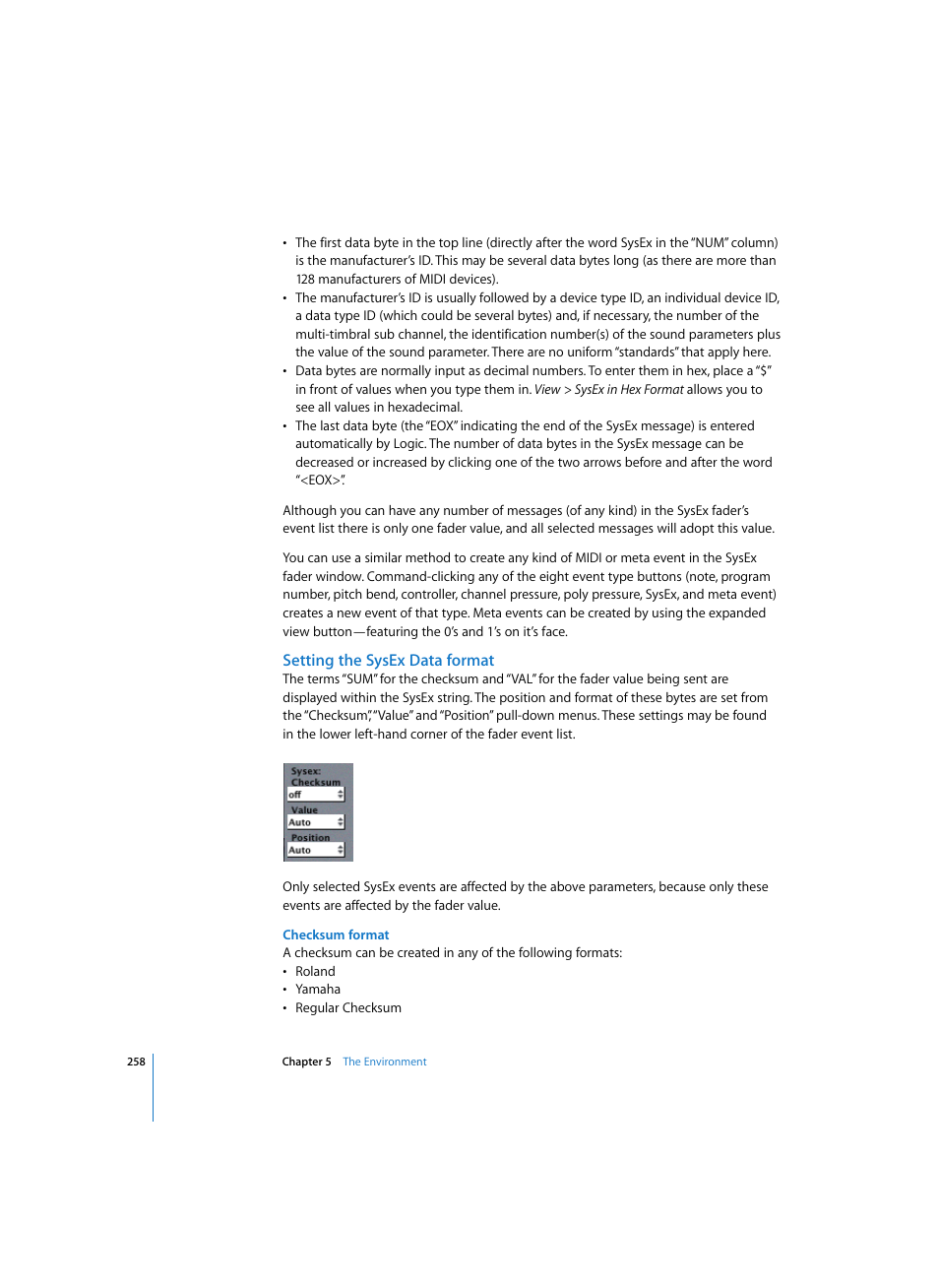 Setting the sysex data format, Checksum format | Apple Logic Pro 7 User Manual | Page 258 / 730