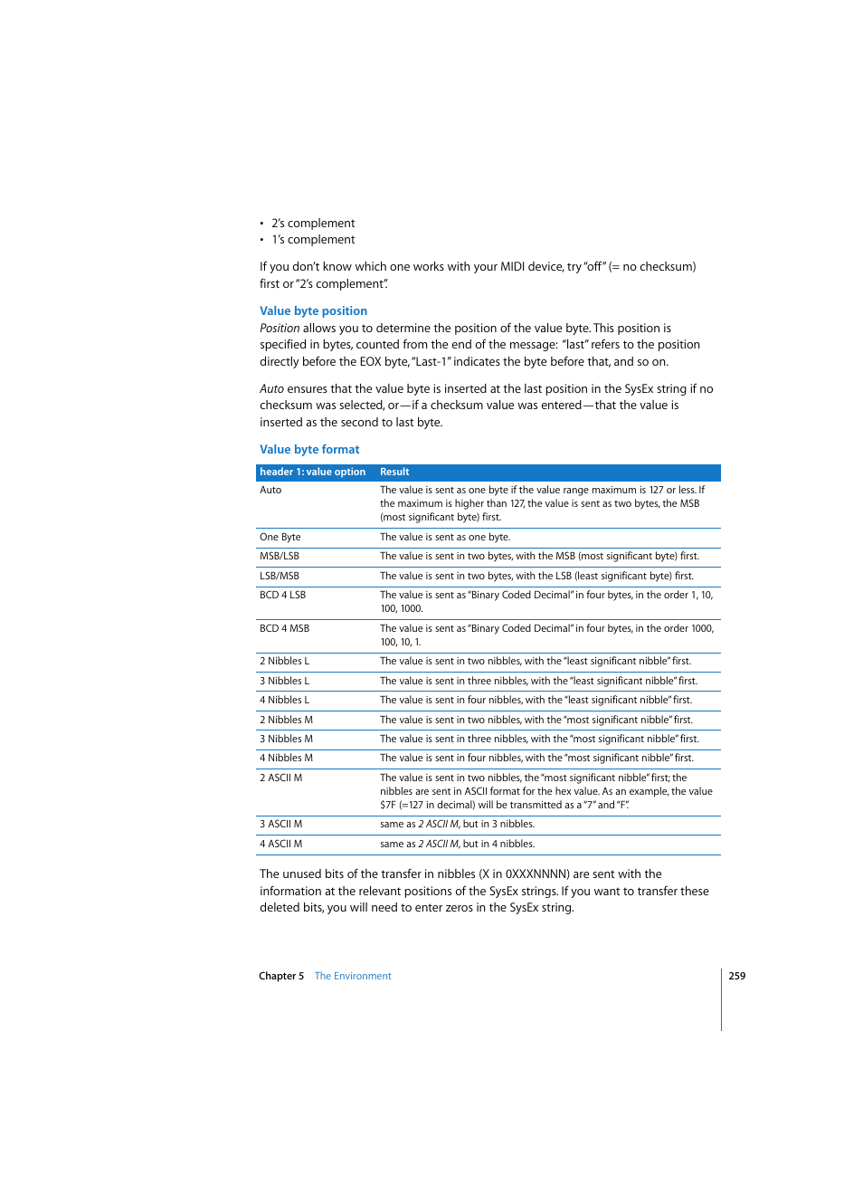 Value byte position, Value byte format | Apple Logic Pro 7 User Manual | Page 259 / 730