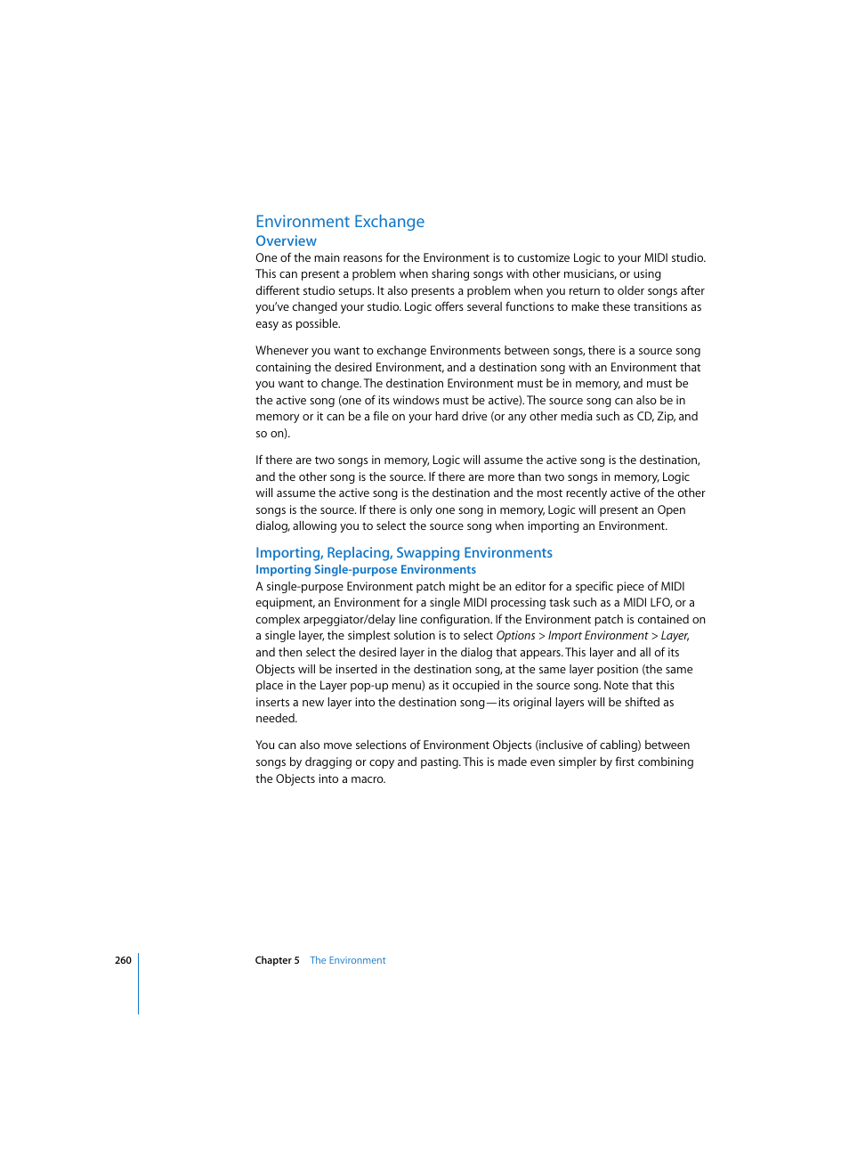 Environment exchange, Overview, Importing, replacing, swapping environments | Importing single-purpose environments | Apple Logic Pro 7 User Manual | Page 260 / 730